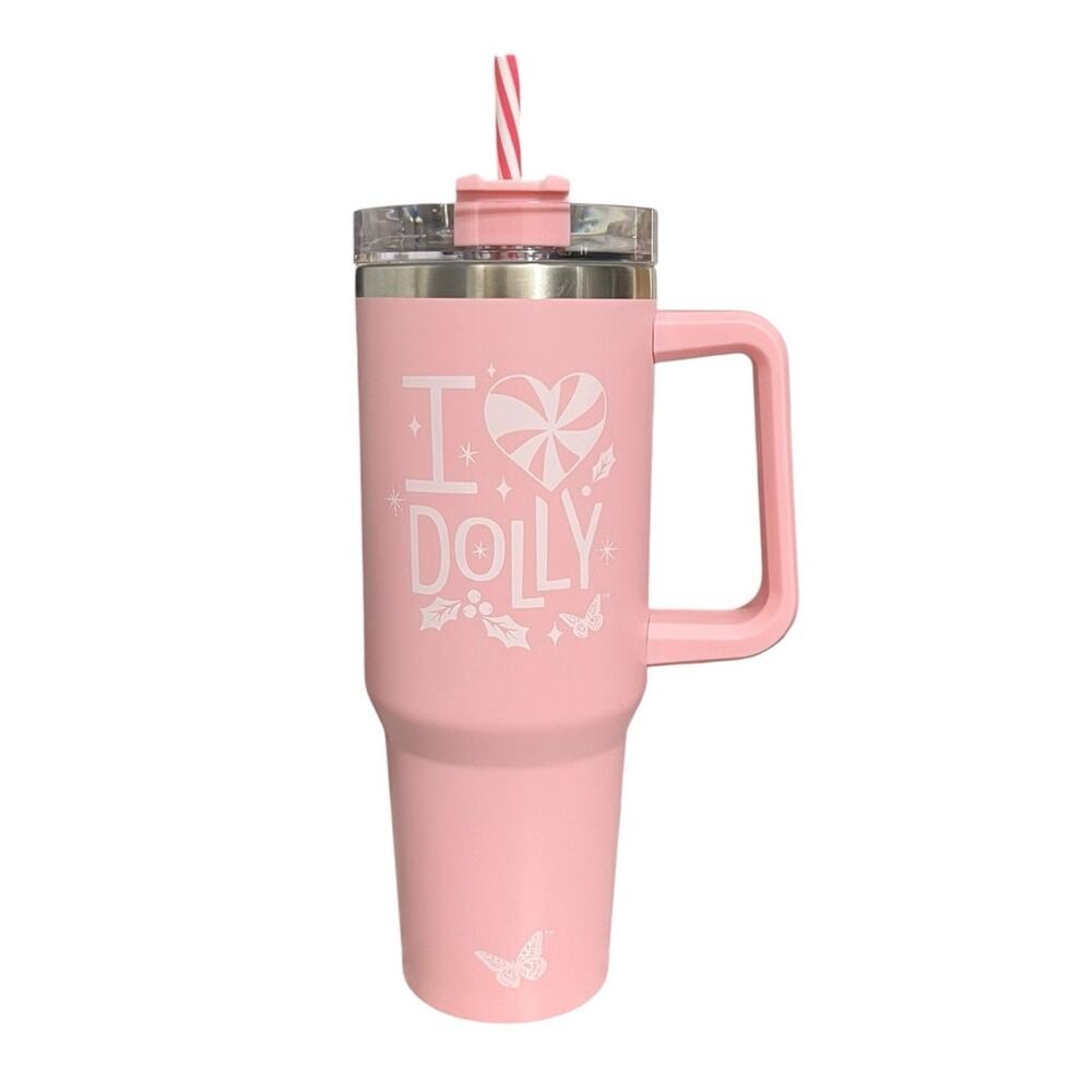 NEW Dolly Parton I Love Dolly Pink Holiday Festive 40oz Tumbler Travel Mug Cup